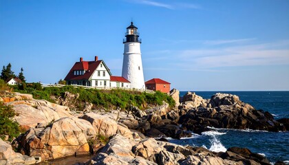 Coastal lighthouse with rocky shore
