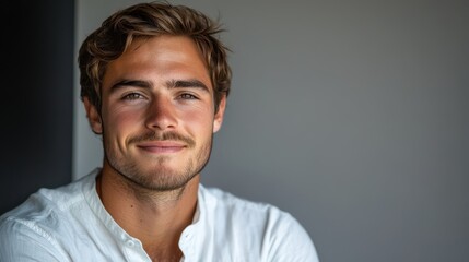 Fototapeta premium A smiling young man in a casual setting, exuding confidence and approachability.