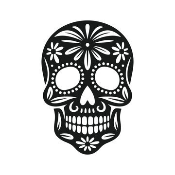 Ornate black sugar skull with floral patterns calavera day of the dead