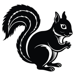A black squirrel illustration with a bushy tail standing on its hind legs