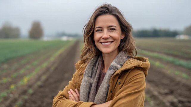 Smiling in the Field: A portrait of a radiant woman beams towards the viewer. The agricultural landscape adds a natural, fresh backdrop to the subject's friendly expression.