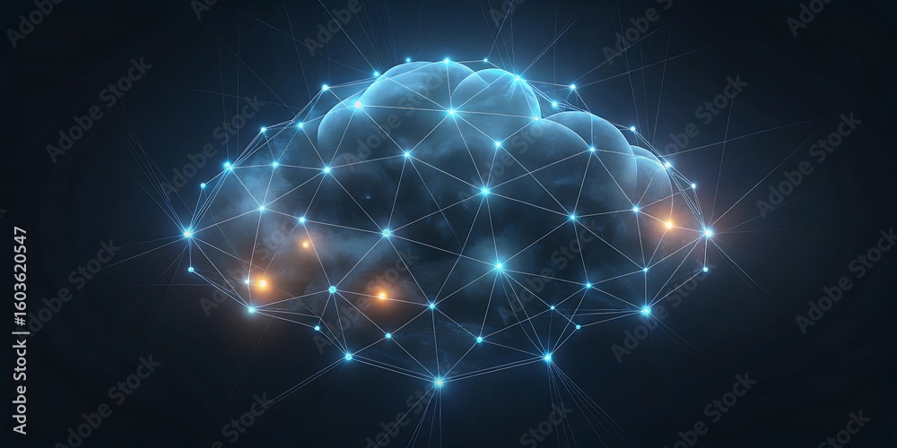 Poster a digital cloud formed by a luminous network of blue nodes and lines representing data storage and c