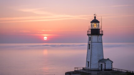White lighthouse against pink sunrise over calm ocean tower water