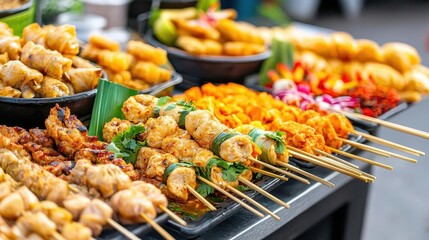 Vegan traveler enjoying a plantbased feast at a bustling street food market, vibrant and flavorful