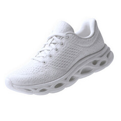 Stylish white athletic shoe designed for comfort and performance, featuring breathable mesh and a unique sole structure.