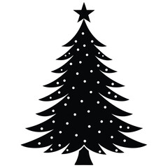 Black christmas tree with star and white dots in vector illustration