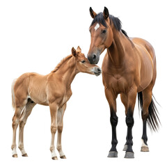 Fototapeta premium A heartwarming scene of a brown mare and her light brown foal standing together, illustrating their close connection and the beauty of equine family life.