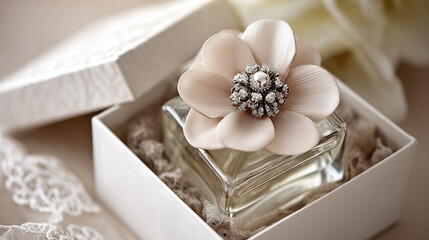 Luxury Perfume Bottle with Flower Adornment in a White Gift Box, Elegant Still Life