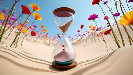Colorful flowers surround an hourglass resting in a sandy field under a clear blue sky during the daytime Generative AI