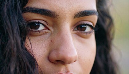 Obraz premium Close-up portrait of a young woman with a thoughtful expression.