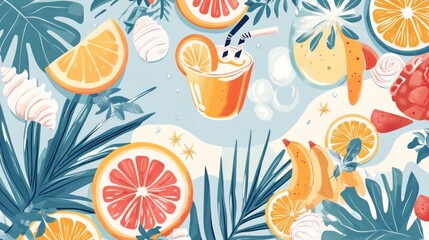 Big summer set with fruits, drinks, pool floats, seashells, and palm leaves. Hand-drawn vector illustration. Scandinavian style flat design