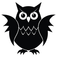 A black owl with an angry expression and outstretched wings facing forward