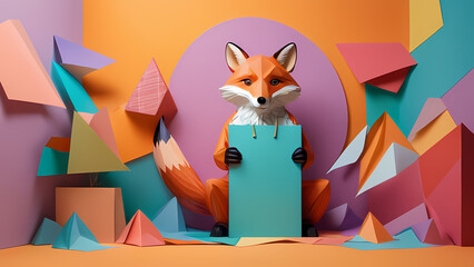 Colorful paper art display with a fox figure in a vibrant surround created with geometric shapes Generative AI