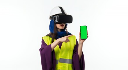 Woman in VR Headset and Safety Vest Showing Green Screen Phone