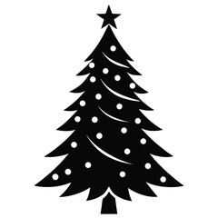 Black christmas tree with star and white dots in vector illustration