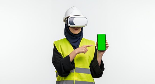 Virtual Reality Construction: A Female Engineer Using VR Headset and Smartphone