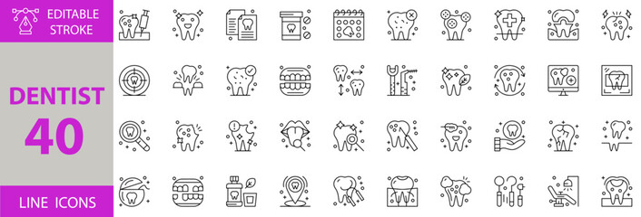 Dentist line icon set. Set of dentist, dental, tooth, teeth, healthcare, medical, clinic, hygiene, oral, care, injection, alert, toothbrush, extraction, dental floss, approve, pain, cavity, renew icon