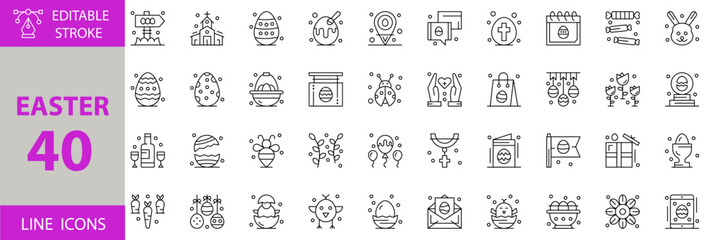 Easter line icon set. Set of signboard, egg, egg painting, bunny, candy, calendar, chat, direction, church, carrot, smartphone, flower, bowl, chick, email, easter egg, alcohol, ballon, invitation icon