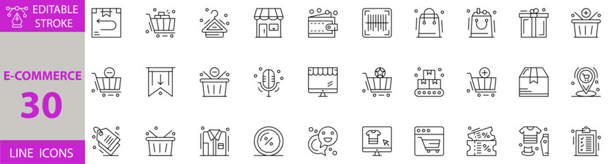 E-Commerce icon set. Set of shopper, barcode, wallet, shop, hanger, shopping cart, tag, clipboard, clothes, ticket, online shopping, chat, discount, box, microphone, remove, bookmark, delivery icons.