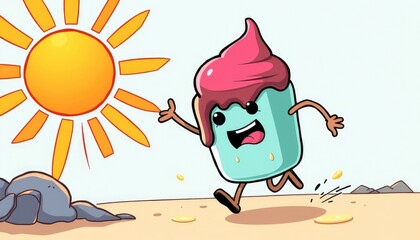 Funny cartoon ice cream running away from the sun, melting dramatically, comic-style illustration with playful elements