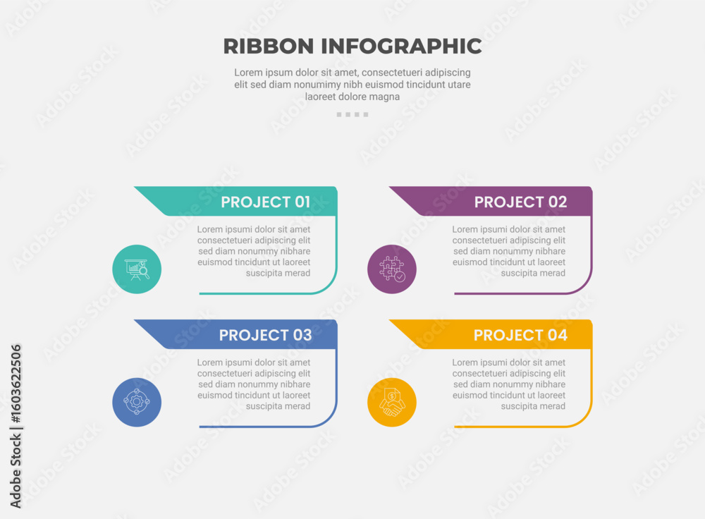 Aufkleber ribbon base shape infographic outline style with 4 point template with open box and sharp arrow head