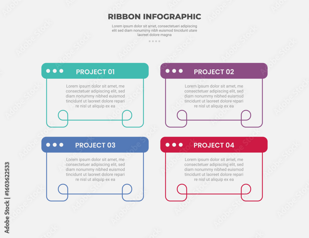 Aufkleber ribbon base shape infographic outline style with 4 point template with box table with round header b