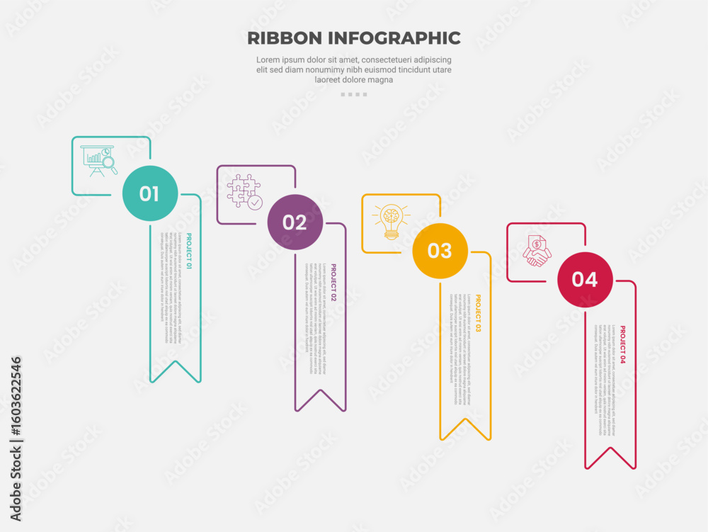 Aufkleber ribbon base shape infographic outline style with 4 point template with vertical list with circle con