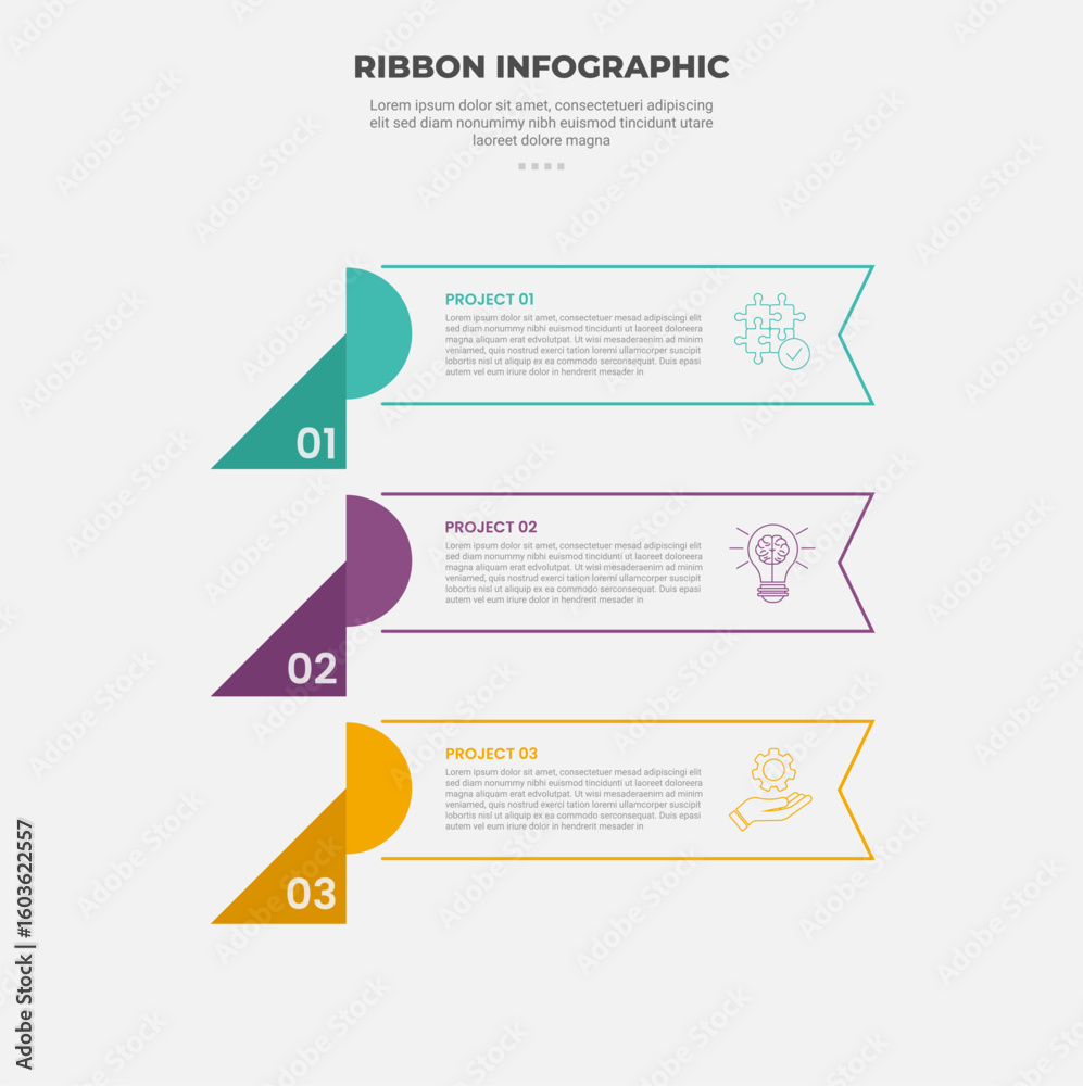 Aufkleber ribbon base shape infographic outline style with 3 point template with long box rectangle stacked li