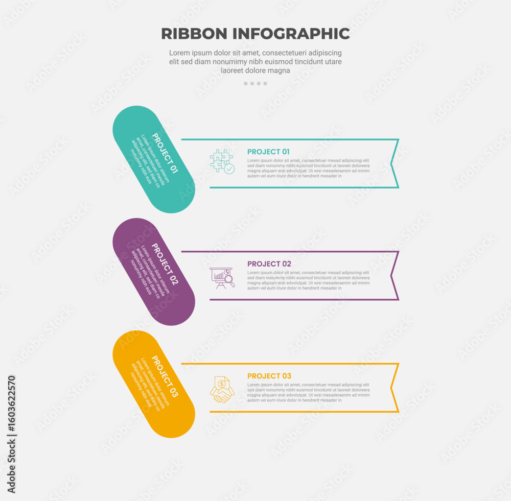 Poster ribbon base shape infographic outline style with 3 point template with creative rectangle box with r