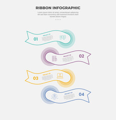 ribbon base shape infographic outline style with 4 point template with wave flag container opposite direction stacked list for slide presentation