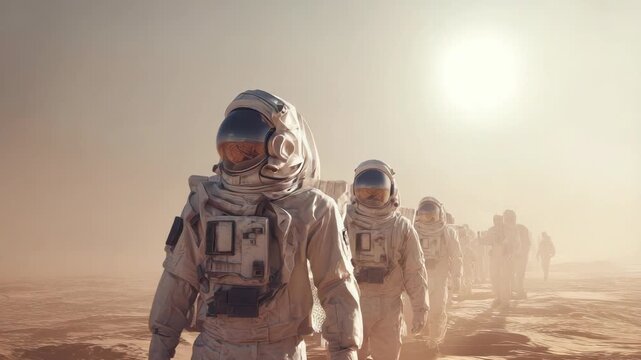 Astronauts expedition walking on Mars surface exploring the red planet colonization