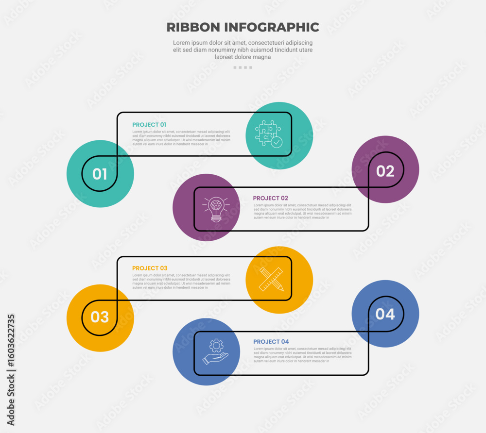 Aufkleber ribbon base shape infographic outline style with 4 point template with creative box with simple line