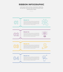 ribbon base shape infographic outline style with 4 point template with creative open box on vertical list with long line divider for slide presentation