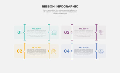 ribbon base shape infographic outline style with 4 point template with transparent box with vertical line divider for slide presentation
