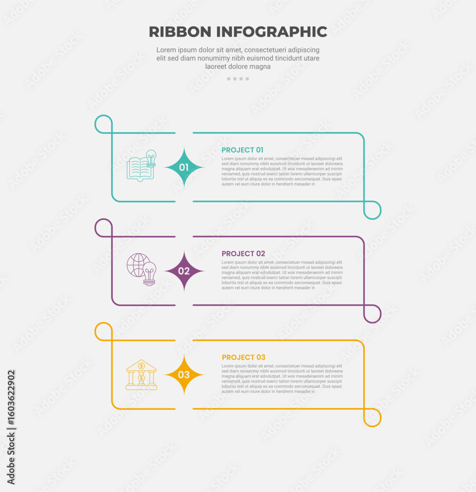 Aufkleber ribbon base shape infographic outline style with 3 point template with creative box rectangle box wi