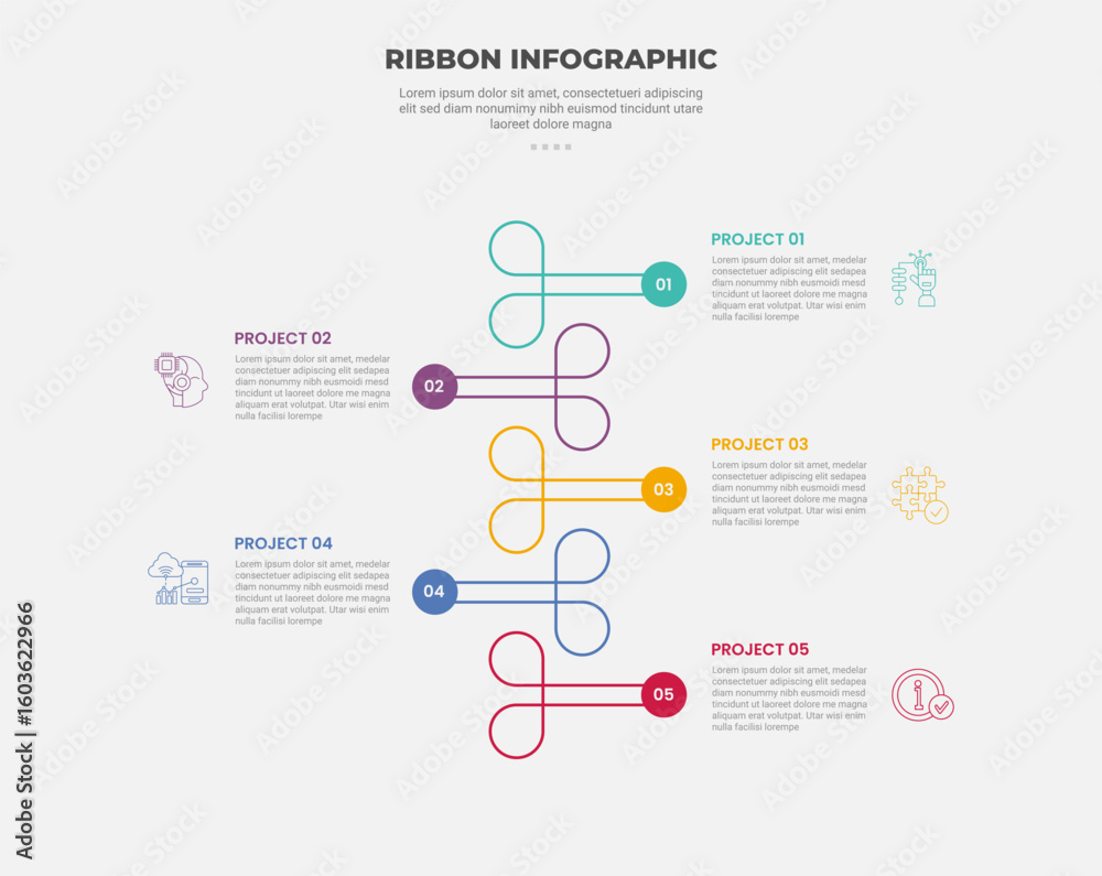 Poster ribbon base shape infographic outline style with 5 point template with flat ribbon with circle badge