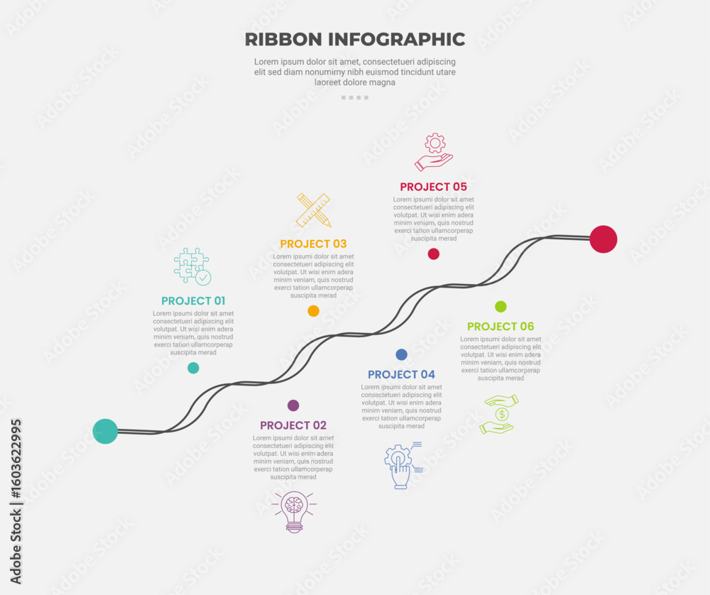 Poster ribbon base shape infographic outline style with 6 point template with double line progression chart