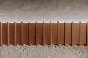 Minimalist architectural detail of a vertical wooden slat fence or feature against a rough textured...