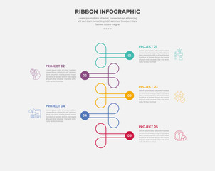 ribbon base shape infographic outline style with 5 point template with flat ribbon with circle badge opposite direction for slide presentation