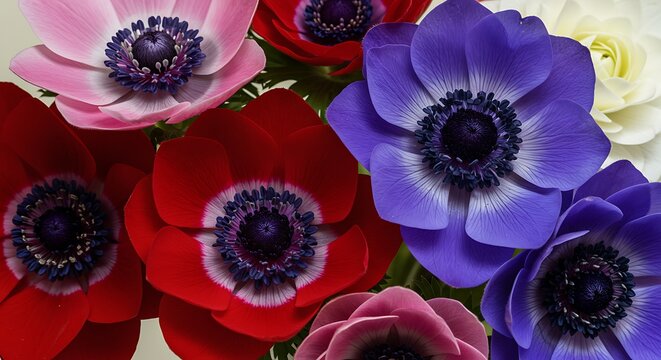 A vibrant close-up of colorful anemone flowers in full bloom, showcasing their intricate dark centers and delicate petals in shades of pink, red, and purple.