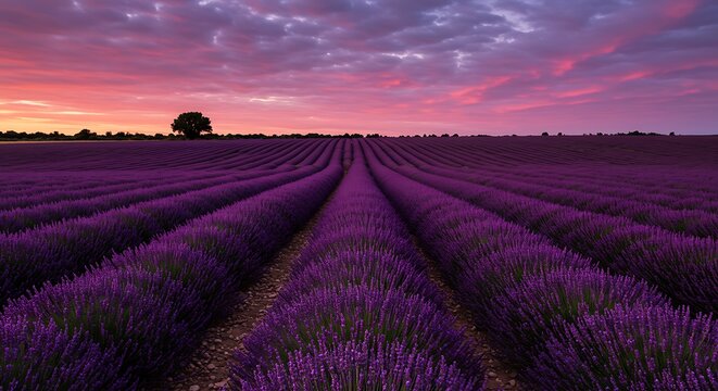 Rows of vibrant purple lavender flowers stretch across a field under a colorful pink and purple sunset sky with a distant tree line. - Powered by Adobe