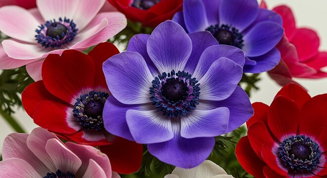 Close-up of vibrant anemone flowers in a variety of colors including purple, red, and pink, showcasing their delicate petals and dark centers.