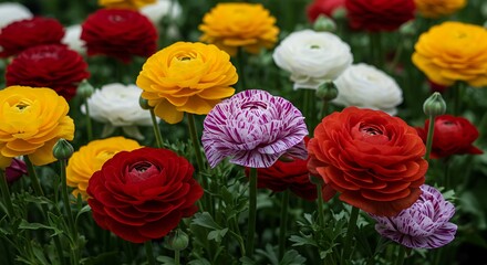 Fototapeta premium Close-up of vibrant ranunculus flowers in full bloom, showcasing a variety of colors including yellow, red, white, and striped purple.