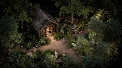 Wooden garden shed nestled amidst a tranquil forest.