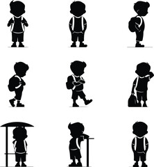 Boy with Backpack Waiting for School Bus – Silhouette Vector Icon Set Student at Bus Stop – Black Silhouette Design for School Commute