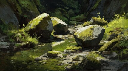 Fototapeta premium Boulders Nestled by Stream with Moss and Algae in Serene Landscape
