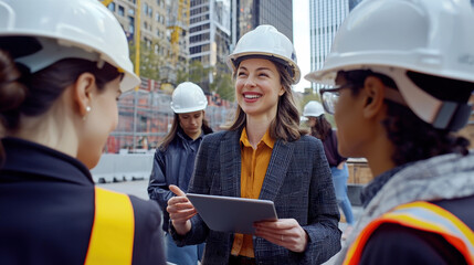 A businesswoman in professional attire is smiling and holding her hand to the side of her head