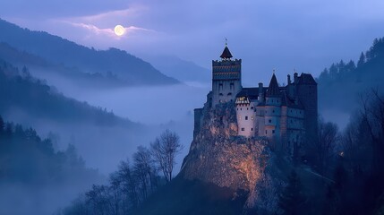 Obraz premium Enigmatic Castle perched on Cliffs under Moonlight in Transylvania