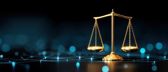 A golden balance scale stands on a dark surface, illuminated by blue glowing network-like connections in the background