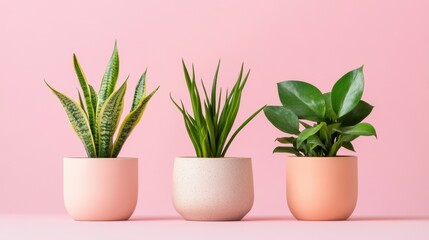 Fototapeta premium Minimalist trio of houseplants in ceramic pots with soft pink background